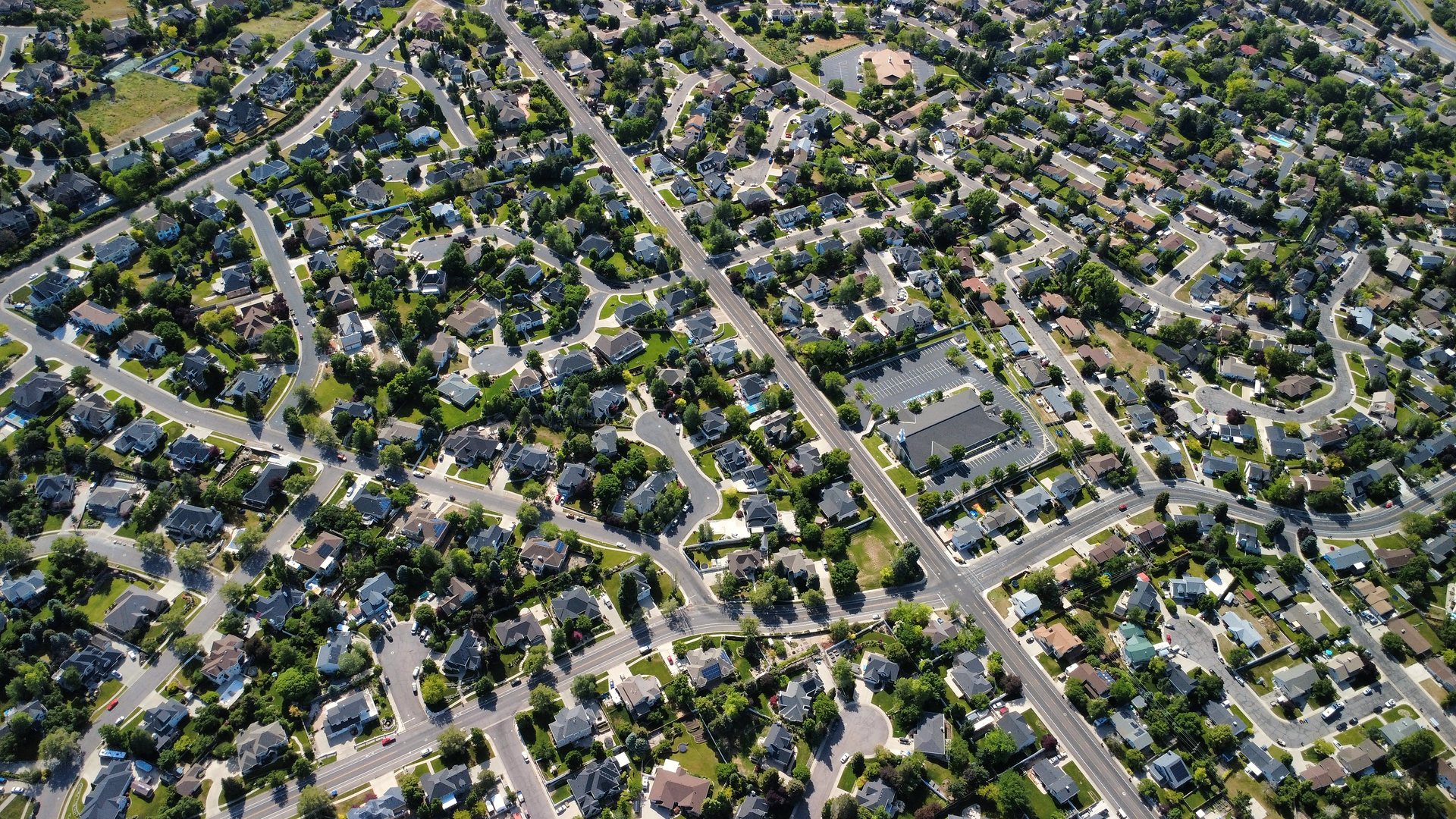 An aerial view of homes beneath a dense tree canopy, with winding residential streets