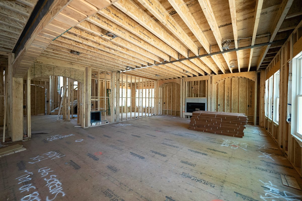 The timber framed interior of a house under construction