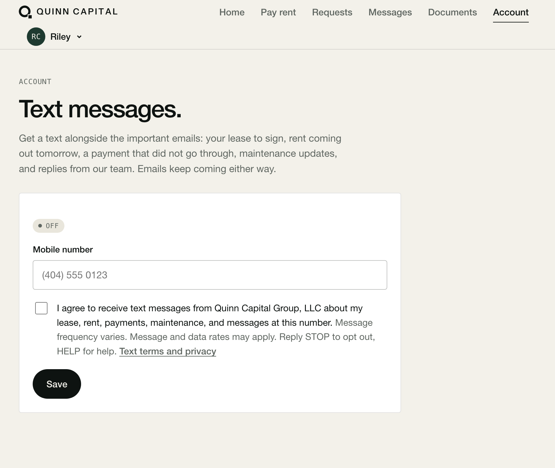 The Text messages page in the Quinn Capital Group resident portal: a mobile number field and an unchecked box reading I agree to receive text messages from Quinn Capital Group, LLC about my lease, rent, payments, maintenance, and messages at this number. Message frequency varies. Message and data rates may apply. Reply STOP to opt out, HELP for help.